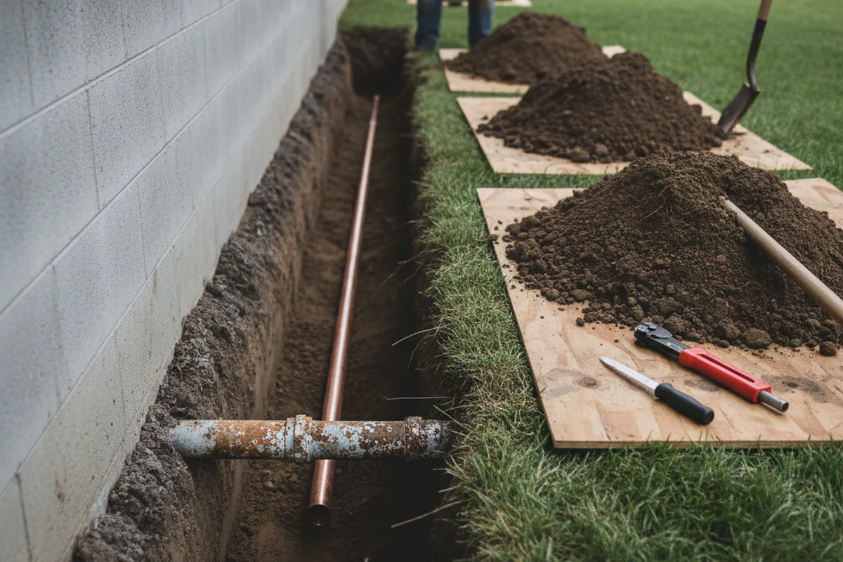 Excavated water line trench during Water Softener Installation in Falkland